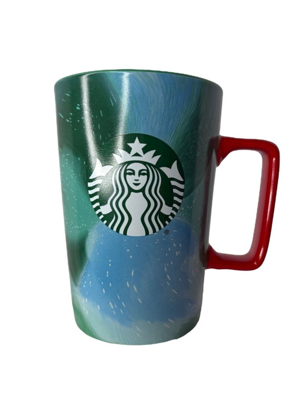 Starbucks 2024 Green Blue Marbled Brushstroke Coffee Mug 13 OZ Red Handle Holida